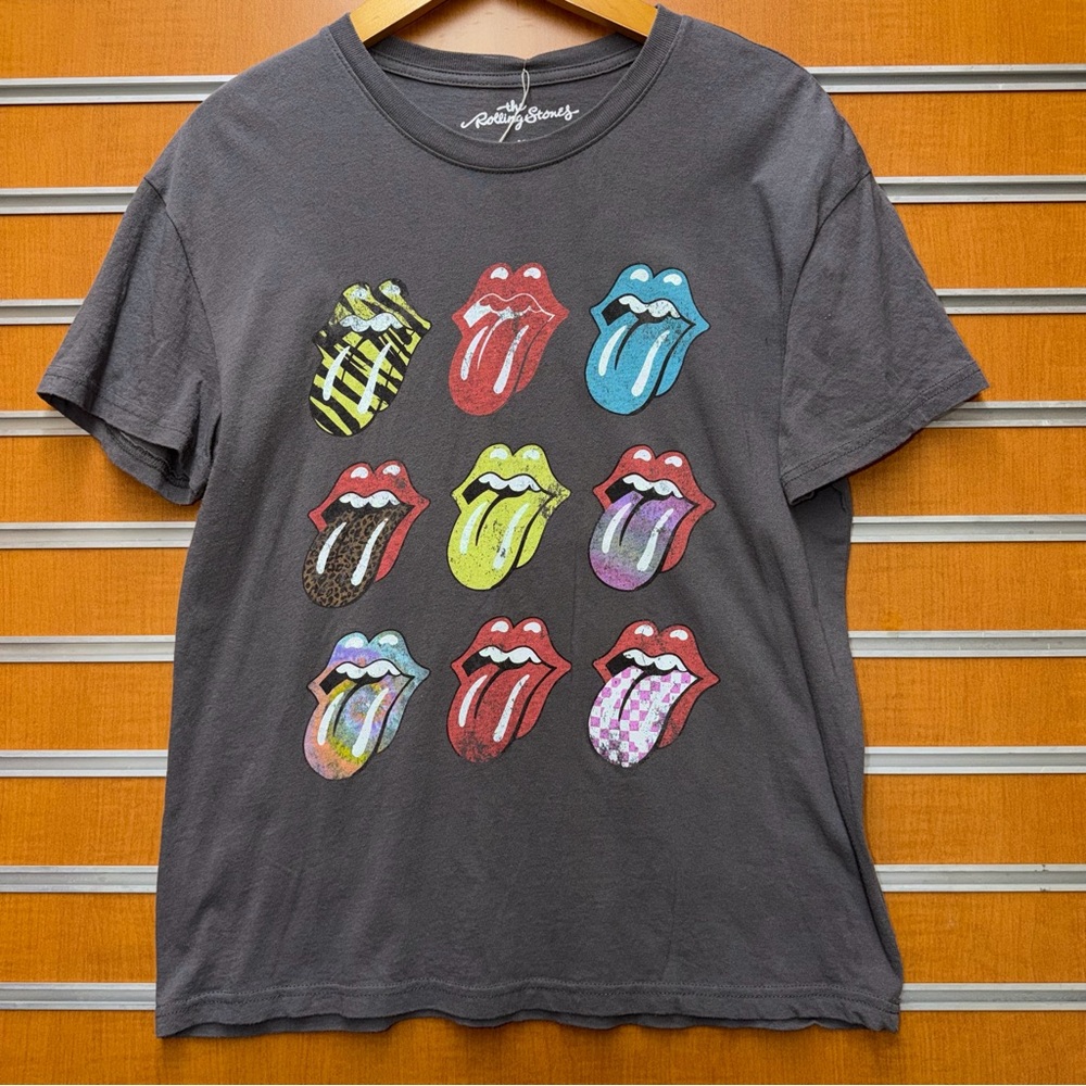 the Rolling Stones Gray Graphic Tee with Multicolored Tongues
